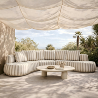 Canapé modulaire d'extérieur en tissu imperméable à rayures sable, canapé de sol profilé, combinaison personnalisée pour patio, villa, jardin, mobilier de salon