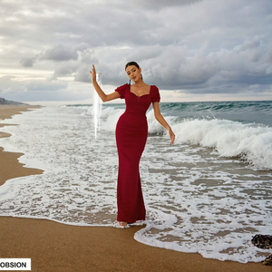 Vestidos de noche largos de sirena Empire Ruffles en color rojo vino, con mangas abullonadas de crepé, sujetador incorporado, transpirables, antiestáticos y de longitud hasta el tobillo. - Product Image 2