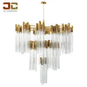 Lustre de aço dourado, de alta qualidade, tubos de vidro, pingente, lâmpada transparente, com lâmpadas g9, para sala de teto alto