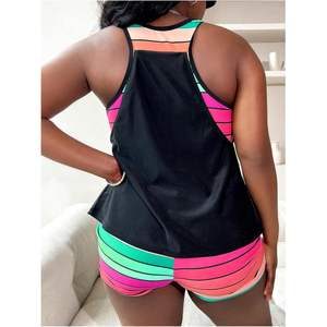 ชุดว่ายน้ำแทงกินี่ผู้หญิงไซส์พลัสแบบสั่งทำพิเศษ ชุด 2 ชิ้น ลายทางพิมพ์ลายทรอปิคอล ขอบตัดสี คอทรงกลม - Product Image 2