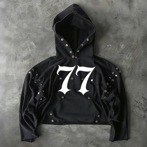 High Quality Custom Screen Print Gothic Metal Studded Embellishment Raw Edge <b>Drop</b> Shoulder Men Streetwear Cropped <b>Box</b> Hoodies - Product Image 1