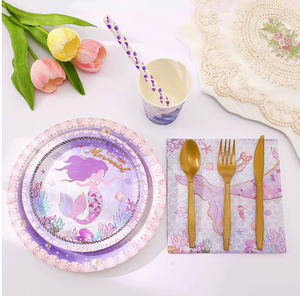 Vaisselle jetable Sirène Violette 2026 – Assiettes, gobelets et serviettes <span class=keywords><strong>La</strong></span> <span class=keywords><strong>Petite</strong></span> Sirène – Fournitures de fête d'anniversaire pour filles – Livraison directe - Product Image 4