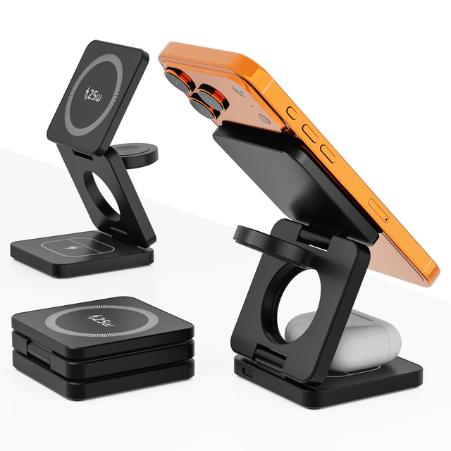 25W Magnetic Wireless Charger With Aluminum Alloy Type C Input 25W Output Fast Folding 3 in 1 Wireless Charging Stand for iphone