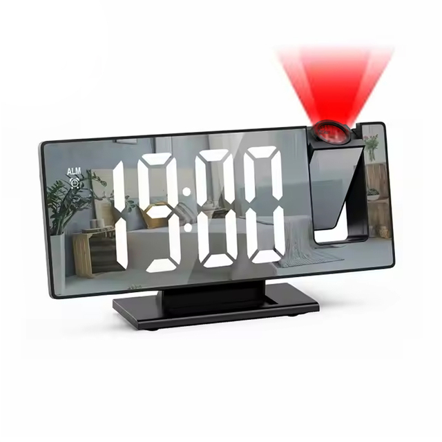 Custom Mirrored Dual Analog LED Display Alarm Clock Time Projector Quartz Electronic Desk Clocks for Living Room Includes Radio