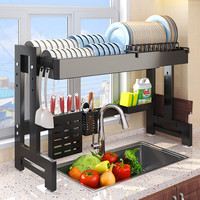 Étagère de rangement pour vaisselle de cuisine à 3 couches en métal enduit de poudre blanc et noir écologique avec fonction de vidange pour bols et tasses