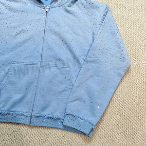 Sweats à capuche personnalisés de haute qualité pour hommes sweat à capuche surdimensionné en coton éponge épais lavé à l'acide bleu 400 g/m² avec fermeture éclair et strass - Product Image 3