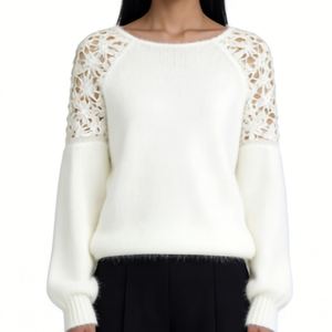 Pull en tricot duveteux pour femme - Haut à manches longues et col bateau avec empiècements en dentelle crochetée Sehe Fashion - Product Image 4