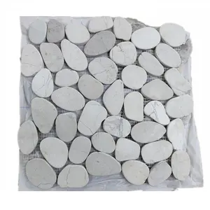 Hot Sale Natural Beige Marble Tumbled Pebble Stone Mosaic On Mesh