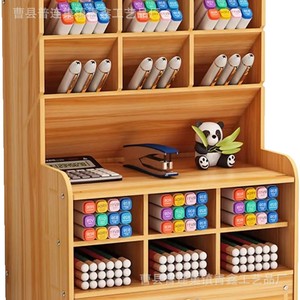 Wooden Desktop Storage Rack <b>6</b> Tier Multi Compartment Pen Holder Stationery Organizer Office Desk Organizer <b>Drawer</b> With Tray - Product Image 5