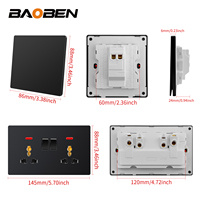 BAOBEN Panel Soket Sakelar Hitam Matte Ultra-Tipis Tipe 86, Rumah Tangga 16A Satu Tombol Kontrol Ganda 5 Lubang Dengan Lampu Neon
