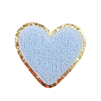 Patch personnalisé en forme de cœur à paillettes, en chenille, avec bordure dorée, thermocollant, pour la vente en gros, idéal pour les articles promotionnels de tournées de concerts, les vestes de fans de groupe et les cadeaux en vrac