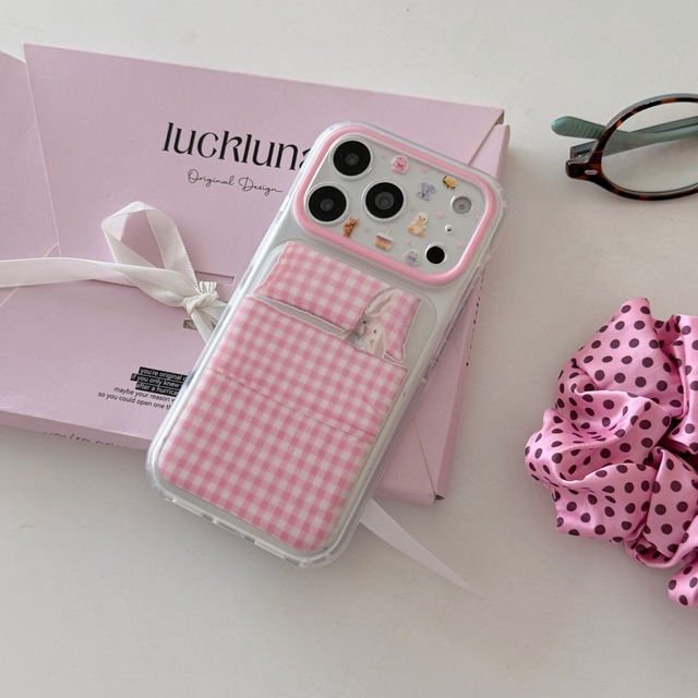 Cute Pink Gingham Bed Bunny Phone Case for iPhone 17 16 15 Pro Max Stickers Print Transparent Soft Shockproof Protective Cover