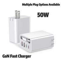 Adaptateur secteur HNT 50W GaN USB C double port 50W US/UK/EU/AU avec câble Type-C rétractable de 70 cm, chargeur rapide