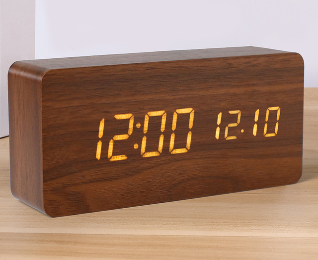 Wooden Alarm Clock Temperature Humidity LED Digital Wood Thermometer Time Clock Sound Control Desk Clock