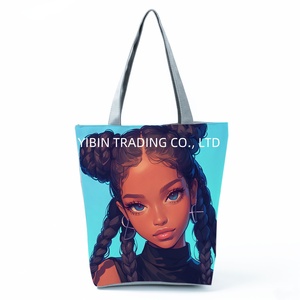 Schwarze Mädchen-Cartoon-bedruckte lässige Tragetasche mit zwei Griffen, weiches Polyester, Reißverschluss, Damen-Handtasche für den täglichen Gebrauch, Reisen und Einkaufen - Product Image 5