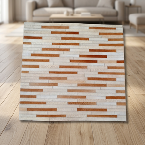 Tapis moderne fait main géométrique en coton et peau de bête recyclée, patchwork, marron et blanc neutres, pour salon - Product Image 2