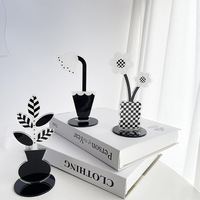 Support photo personnalisé en acrylique, motif damier noir et blanc, fleurs géométriques, ornement décoratif de bureau