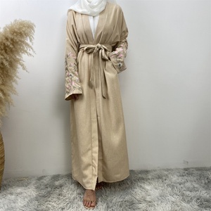 Mode été 2024, abaya ouverte en lin et polyester brodée de fleurs, style Dubaï, long cardigan pour femmes musulmanes, 1407 # - Product Image 6