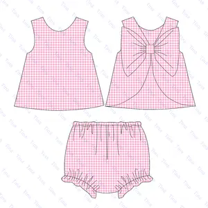 Summer Fashion Baby Girls Ruffle Outfits 100% Cotton Seersucker Little Baby Bow Clothing Sets