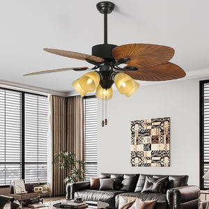 Ventilateurs de plafond rétro nordiques à 5 pales en plastique, supports E27 avec abat-jour en verre, corps en métal, moteur AC/DC, télécommande à chaîne - Product Image 3