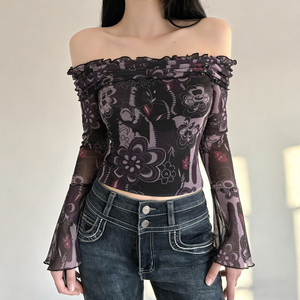 Camiseta de malla estampada vintage francesa con hombros descubiertos para mujer, blusa elegante fruncida de ajuste ceñido para primavera y otoño - Product Image 5