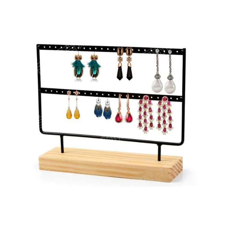 Earring Holder Jewelry Organizer 2 Layers Black Metal Jewelry Display Stand Rack with Wood Base