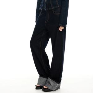 Vente en gros 2024 Jeans baggy chic à ourlet roulé, taille haute vintage, décontractés pour femme, avec revers - Product Image 3