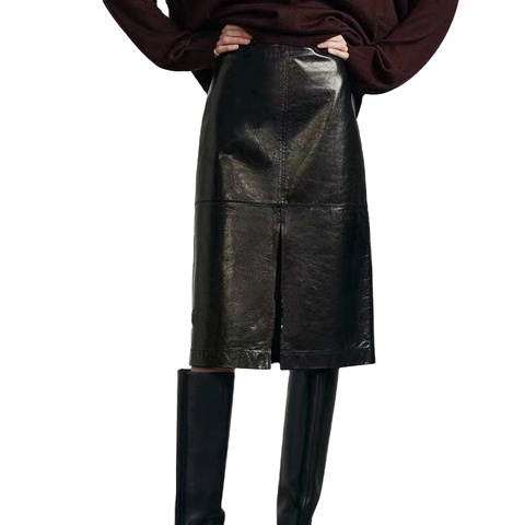 4316 Trending Products 2026 New Arrivals Front Split Black Cowskin Genuine Leather Skirt for Women