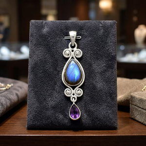 Colgante de Labradorita y Amatista de Madagascar, Joyería Fina, Amuletos, Plata de Ley 925, Chapado en Oro, Hecho a Mano, para Mujer/Unisex - Product Image 3