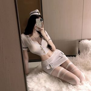 Ensemble de lingerie sexy pour jeu de rôle, uniforme de stewardesse/secrétaire, jupe moulante évidée, sans déshabillage, avec bas et string - Product Image 1