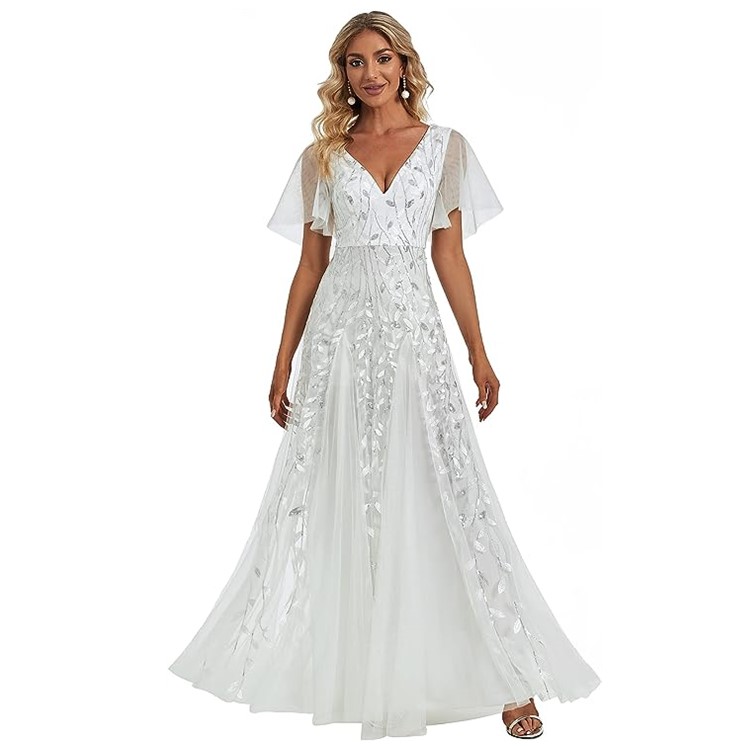 Classic Sage Green Leaves Embroidered Wedding Dress for Plus Size Guests -  Sequined Detail, V-Neck, Floor-Length Style