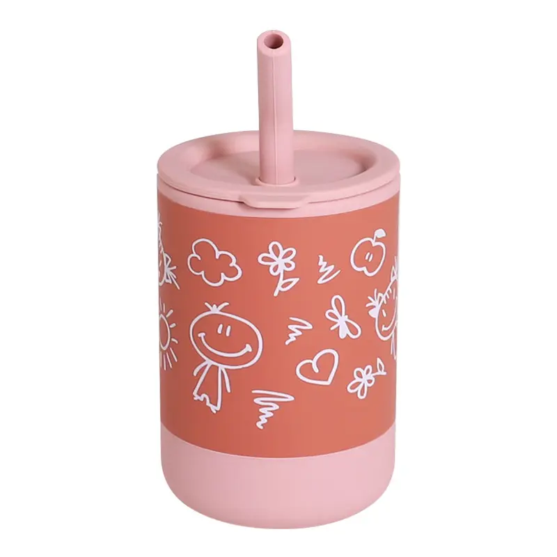 Anti-drop and anti-scalding baby feeding training cup baby silicone sippy cup with straw