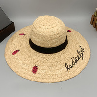 Sombreros de Sol para mujer, bordado de mariquita, sombreros de paja de rafia de ala ancha, sombrero flexible de playa plegable para mujer de verano para viajes al aire libre