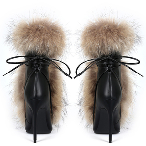 Women Stiletto Thin Heels Furry Short <b>Boots</b> Big Size 47 Front Lace up Shoes Dress Wide Fit Fluffy Fur Ankle Booties - Product Image 3