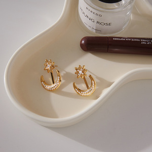 Boucles d'oreilles étoile et lune, ton or, zircon blanc, micro-insertion, acier inoxydable, bijoux de mode pour femmes, cadeau - Product Image 4