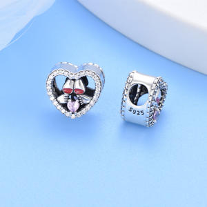 ファインS925スターリングシルバー赤ワインクリンキンググラスハートビーズチャーム女性用ギフトDIYブレスレットアクセサリー - Product Image 1