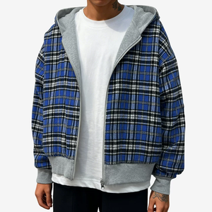 Vente en gros de sweats à capuche zippés pour hommes, épais, coupe oversize et carrée, double couche, réversibles, à carreaux - Product Image 1