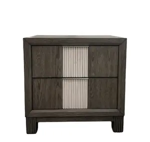Modern Classic 2-Drawer Nightstand Dark Gray and Black Bedside Table with Grain Details and Tapered Legs for Bedroom or Hotel