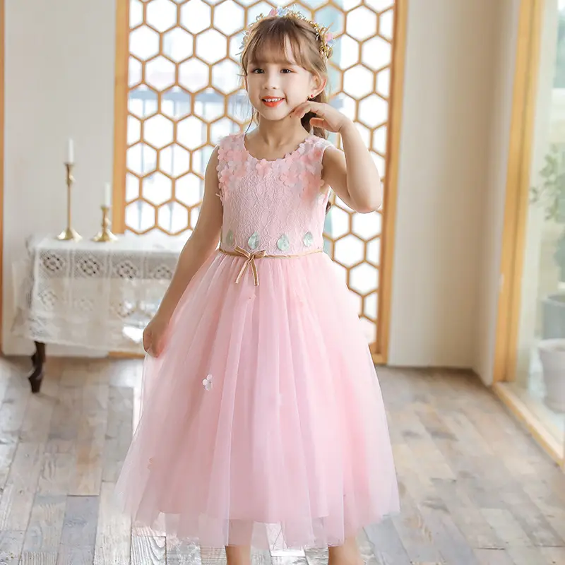 21163 Kids Garments Wholesale Little Baby Girl Frocks Lace Flower Embroidery Wedding Party Girl Bride Dresses