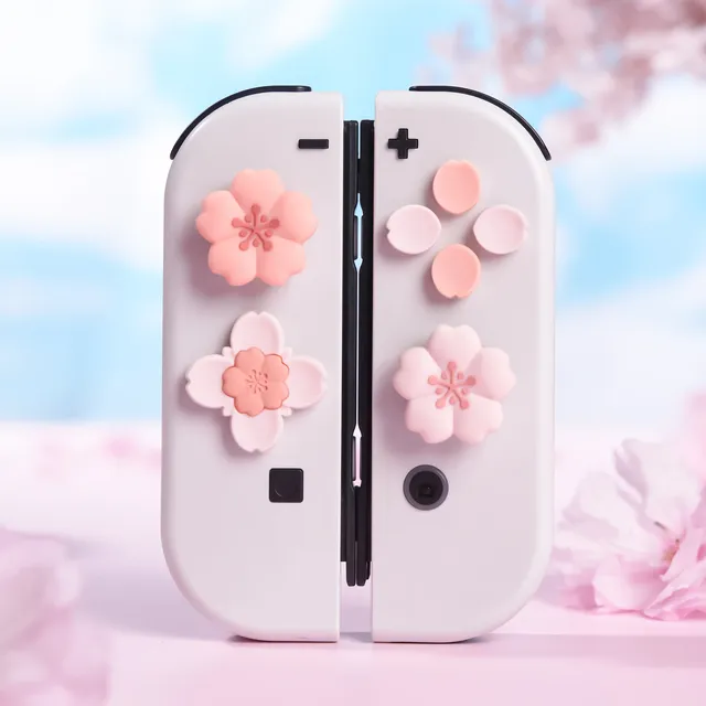 GeekShare pink Sakura Silicone Cross D-Pad Button Caps Set Cute ABXY Key Buttons Thumb Sticker for Nintendo Switch/ OLED