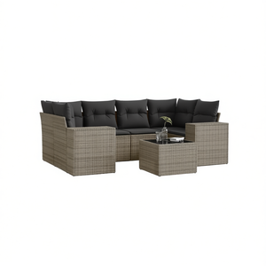 Set Divano da Giardino in Rattan Grigio a 6 Posti, Arredamento da Esterno dal Design Contemporaneo con Telaio in Acciaio e Tavolo in Vetro Temperato - Product Image 1