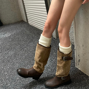 Dong Jie Retro Women's Knee-High Boots Solid Pattern Mid-Sole with Large Belt Buckle and Slim Thick <b>Heel</b> Same Style As Knights - Product Image 1