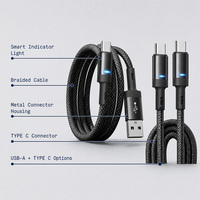 Câble de charge rapide 5A en nylon tressé avec indicateur intelligent, 1,5 m, USB-C vers USB-C ou USB-A vers USB-C, avec garantie de 12 mois