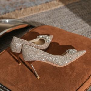 Zapatos de Tacón de Aguja con Cristales Plateados, de Cuero, de Punta, Cómodos, Sin Cordones, para Bodas Formales - Product Image 3