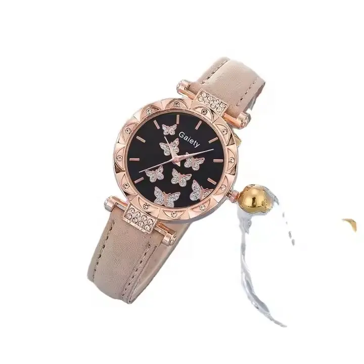 Woman ladies girls fashion guys Cute butterfly diamond dial leather belt Student Quartz Watch Small Gift with Jewelry set