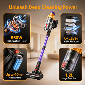 Aspirateur balai sans fil PV18, moteur 550W, autonomie 40 min, filtre HEPA pour la maison, les tapis et les poils d'animaux - Product Image 2