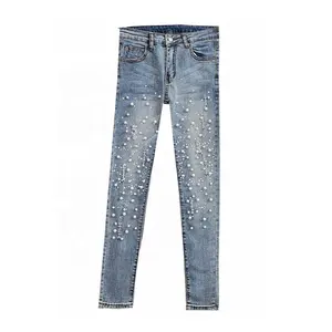 Custom Pencil Jeans Middle Waisted Fashion Skinny Stretch Heavy Duty Hot Drilling Women Skinny Jeans Trendy Denim Pants