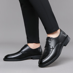 Chaussures Oxford en cuir véritable pour hommes, bout rond, à lacets, semelle souple, chaussures de mariage, automne, noir uni, tenue formelle d'affaires - Product Image 3