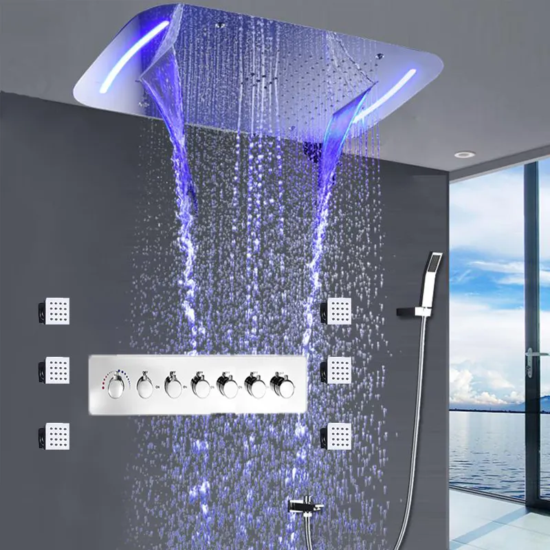 Роскошные 6 функции заряженными ионами светодиодных ламп для 710X430 мм Большая насадка туман водопад пузырь высокая пропускная Термостатический смеситель для душа, набор