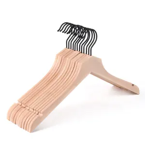 Factory New Design Natural Garment Wooden Clothing Hangers with Black Hook